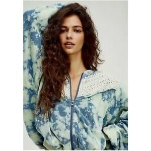 Free People We The Free True Blue Tie Dye Zip Up Crochet Jacket Medium